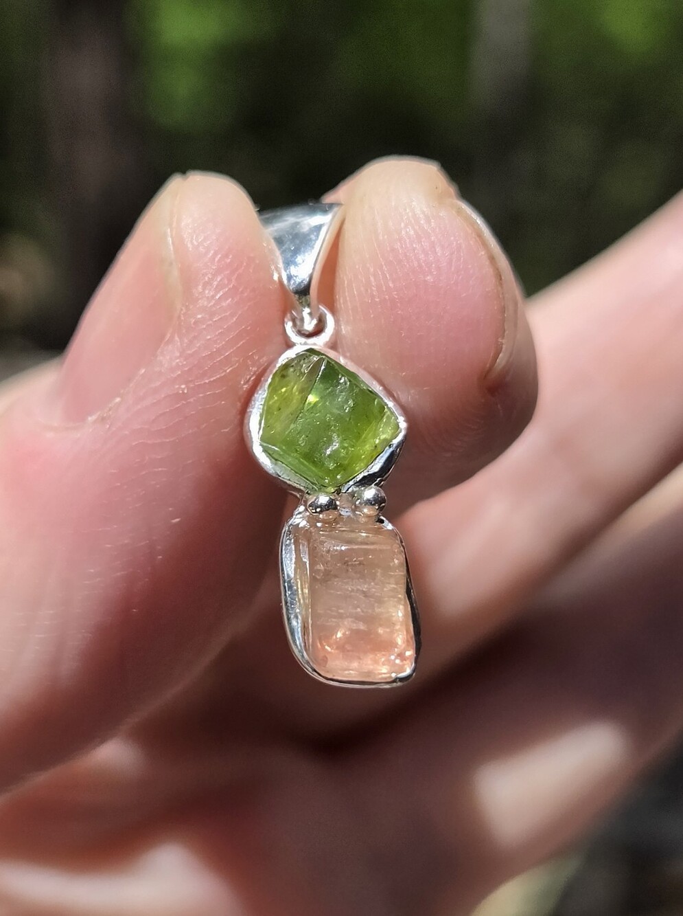 Tourmaline Green & Peach Natural Gemstone Sterling Pendant - Picture 3 of 6